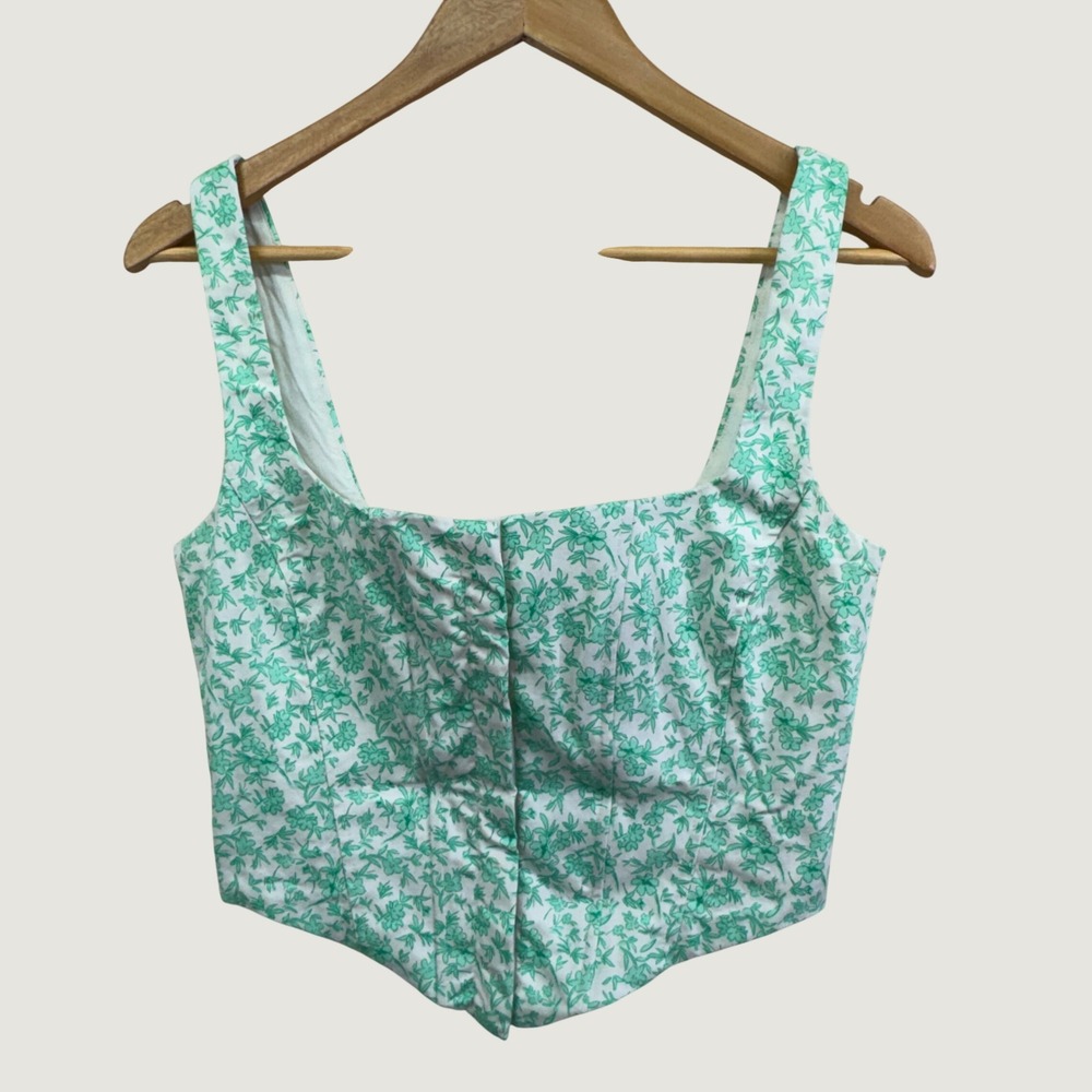 Zara Floral Corset Top Size L Green White Cottagecore Fairycore Summer Crop - Picture 1 of 8